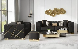 NEW Modern Black Velvet Fabric 2PC Living Room Sofa Loveseat Set & 9 Pillows - Picture 1 of 10