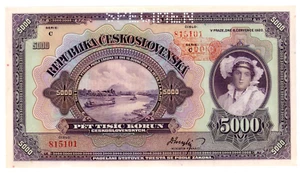 Böhmen & Mähren... P-16... 5.000 Korun... 1920 (1943) (~): *AU-UNC* Probe - Bild 1 von 2