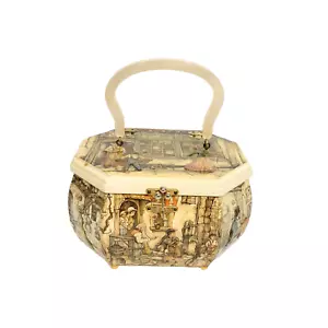 Scatola in legno vintage Anton Pieck borsa rettangolare decoupage manico lucite - Foto 1 di 22