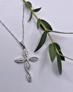 14kt White Gold Swirl Cross With Diamonds 18" Chain Necklace - Picture 1 of 11
