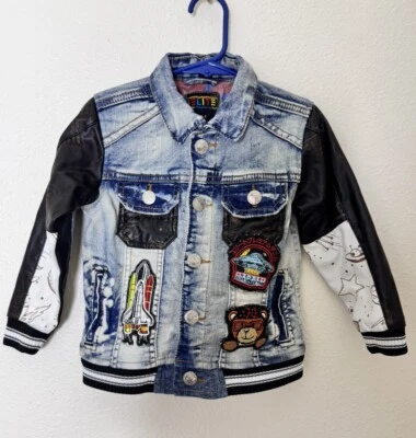 Chaqueta Elite Premium Denim Mocha Niños Parches Ropa de Calle Talla 3-4 Foto 1 de 4