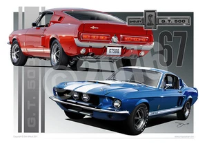 1967 SHELBY GT500 Car Print - Classic Shelby Mustang Car Drawing ( 12 Colours ) - Picture 1 of 16