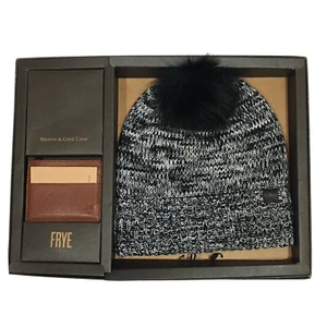 Juego de gorro y estuche para tarjetas Frye Marled Pom cuero negro blanco marrón - Imagen 1 de 6