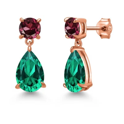 18K Rose Gold Plated Silver Nano Emerald and Rhodolite Garnet Teardrop Dangle - Image 1 of 4