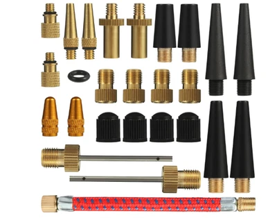 Juego de adaptadores de válvula Presta Schrader de latón de 25 piezas con aguja de bola y boquillas infladoras Foto 1 de 4