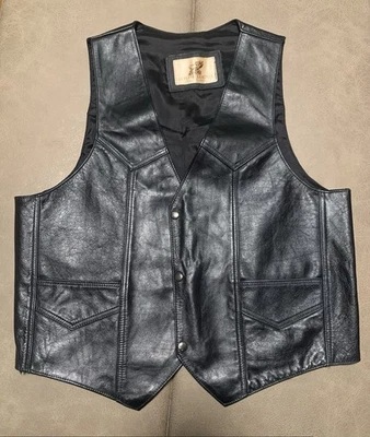 Vintage Genuine Leather Men’s Black Snap Button Stylish Vest with Pockets Size L - Image 1 of 4