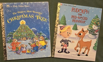 Set of 2 Little Golden Books Rudolph the Red Nosed Reindeer, Christmas Tree VTG Foto 1 de 4