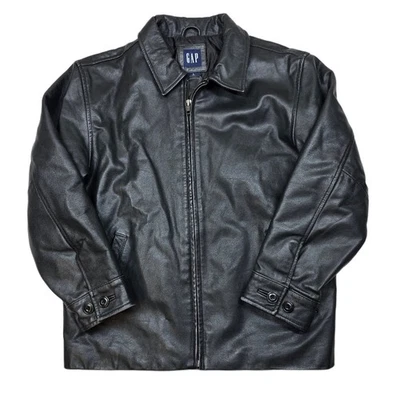 GAP кожаная куртка Kids большой 10 черный полный молнии с воротником пальто Y2K мальчиков девочек - Изображение 1 из 4