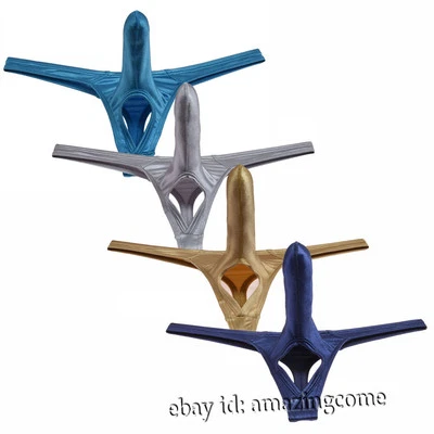 Men's Shiny Long Bulge Pouch & Balls Hole Bikini Thong Underwear Lingerie T-Back - Image 1 of 4