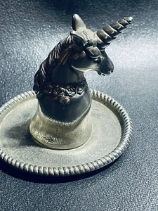 Vtg Ring Jewelry Holder Trinket Dish 3” Pewter 1970s Metal Vanity Unicorn Design - Picture 1 of 15
