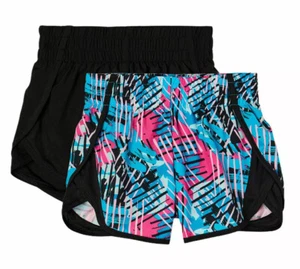 Athletic Works Girls Running Shorts Black/Multicolor 10/12 Plus Lined 2 Pair Set - Picture 1 of 13