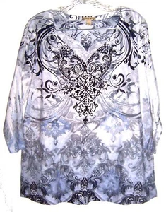 Energie Gray & White Tie Dye Floral Top w/Silver Stud Accents Plus Size 1X/2X - Picture 1 of 5
