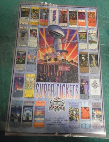 1993 SUPER BOWL NFL POSTER w/tickets from first 26 games Dallas/Buffalo 24"x36" Cover