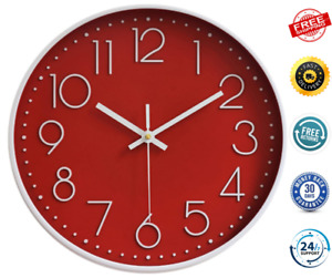 Wall Clocks Battery Operated Non-Ticking Red Clock 12'' Quartz Decorative Silent