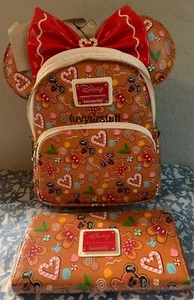 MOCHILA Loungefly Disney Gingerbread Minnie & Mickey Mouse ~ orejas ~ conjunto de billetera - Imagen 1 de 7