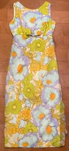 Vintage 70er Jahre Stephen O'Grady Blume Blumenmuster Chiffon Maxikleid Strass Schleife Gr. 12 - Bild 1 von 6