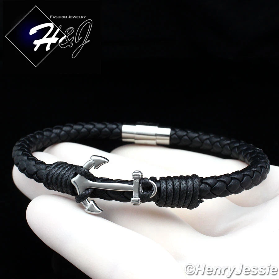 8.25"MEN Women Stainless Steel 6mm Black/Gold Plated Anchor Leather Bracelet*107 - Image 1 of 1