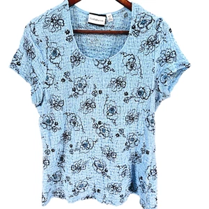 CROFT&BARROW Top Size L Petite Blue Boucle Scoop Neck Print Short Sleeve Stretch - Picture 1 of 14