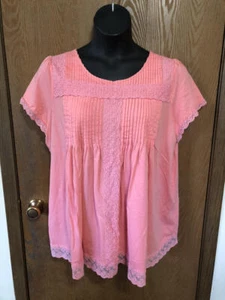 Woman Within Coral Pintuck Pleated Lace Trim SS Top 1X - Picture 1 of 10
