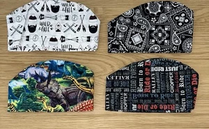 Lot Of 4 Tie Scrub Caps -Black Bandana, Outdoors, Dinosaur, Born to Ride - Picture 1 of 3