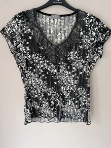 Per Una Womens Top Size 16 Grey White Mesh Floral Rhinestone Summer Holiday - Picture 1 of 8