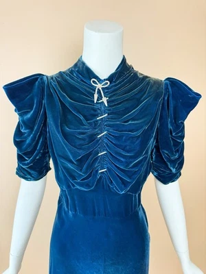 Vintage 1930s 40s Art Deco Dress Blue Velvet Puff Sleeve Bow - Image 1 of 4