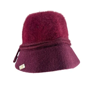 Nine West Maroon Wool Blend Rabbit Angora Bucket Hat Winter Cloche 12th man pin - Foto 1 di 7