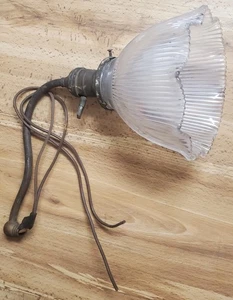 Vintage Weber Holophane Ribbed Clear Glass Pendant Lamp Light Shade on Brass - Picture 1 of 10