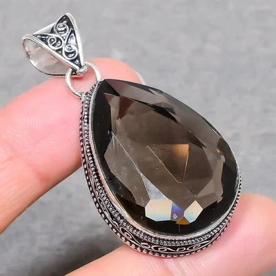 Faceted Smoky Quartz Pear Shape Gemstone Handmade Vintage Jewelry Pendant 2.3" - Image 1 of 4