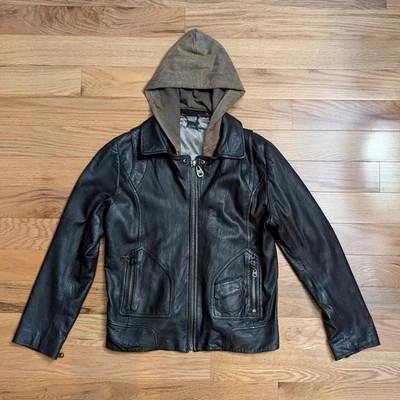 DOMA Black Leather Jacket Removable Hoodie Women Size Large Moto Biker - Image 1 of 4