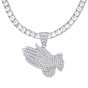 Iced silberfarben XL beten Hand Anhänger Tennis Kette Halskette 26 Zoll THC 5084 S - Bild 1 von 3