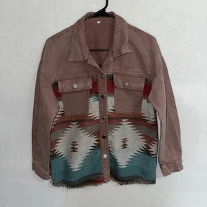 Vintage Denim Jacket Womens Small Aztec Southwest Cotton Bohemian Festival - Picture 1 of 11