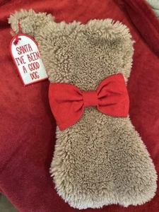 NWT Pet Dog Bone Christmas Stocking Soft Furry Brown W/ Red Bow Hanging Stocking - Picture 1 of 2