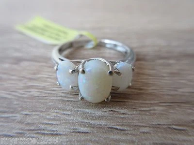 Australian White Opal 3 Stone Ring Platinum Overlay Sterling Silver Sz 7 - Image 1 of 4