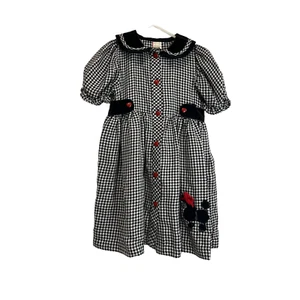 Vintage Black White Houndstooth Button Front Poodle Applique Skirt Dress Girls 6 - Picture 1 of 10