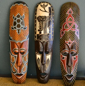 Solid Wood Tribal Mask Ethnic Art Island Wall House Decor Hand Carved Sculpture - Picture 1 of 17