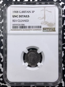 1908 Great Britain 3 Pence NGC Reverse Cleaned-UNC Details Lot#G9126 Silver! - Picture 1 of 3