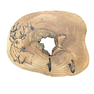 Wooden 2 Hook Key Holder Handmade with Deer Wood burning Cabin Nature Decor - Picture 1 of 5