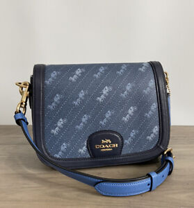 Coach C4059 Saddle Bag With Horse And Carriage Dot Print Gold/Denim Blue