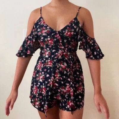 LF Navy Blue Pink Floral Off Shoulder Wrap Romper - Image 1 of 4