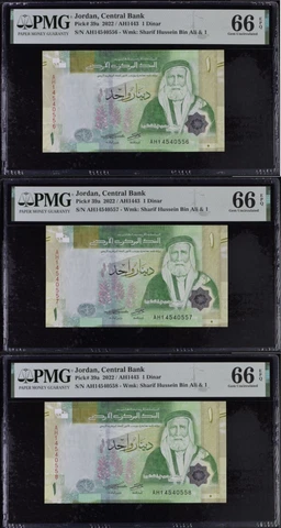 Jordan 2022 Qty.3 PMG 66 EPQ One Dinar Bird Pick 39a Rosefinch Of Petra and Rum Cover