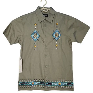 Reason Cuban Style Button Down Shirt Mens Size Small Olive Green Embroidered NWT - Picture 1 of 11