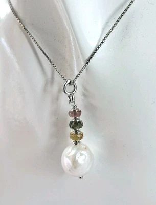 Collana in argento 925 con perla barocca bianca 10/12 mm tormaline idea natale - Immagine 1 di 4