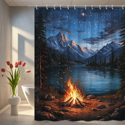 Mountain Lake Campfire Shower Curtain Scenic Nature Wilderness Night Sky Decor - Image 1 of 4