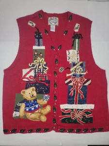 Maglione gilet cimelio da collezione taglia grande maglia ricamata natalizia rosso  - Foto 1 di 8