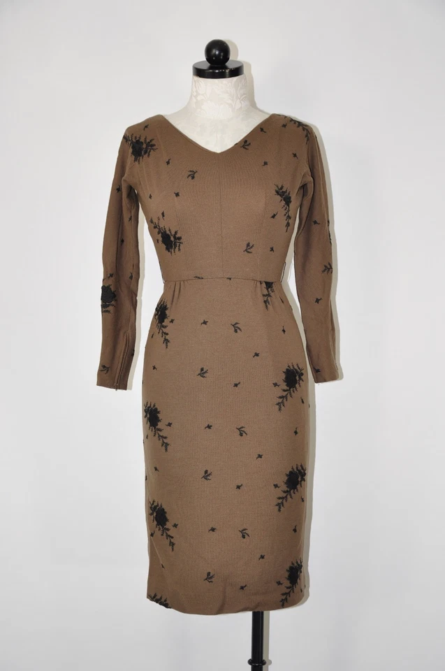 60 年代复古棕色羊毛玫瑰花卉刺绣 Midi Sheath Wiggle 连衣裙女式 XS — 第 1/4 张图片