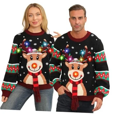 Ugly Christmas Sweater Women Men,Light Up X-Large Adult Black Green Reindeer - Image 1 of 4