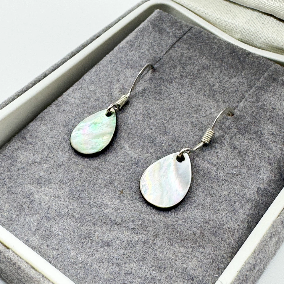 Vintage Abalone Teardrop Hook Dangle Drop Earrings Paua Shell Silver Tone - Image 1 of 4