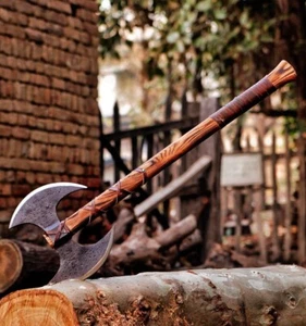 Handmade Carbon Steel Double Headed Viking Battle Axe with Leather Sheath - Picture 1 of 4