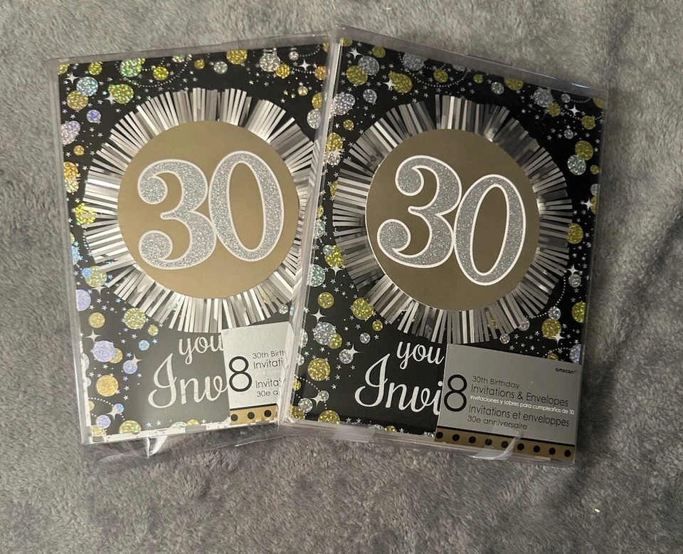 Invitaciones de fiesta de cumpleaños 30 negro dorado plata brillante hombres mujeres 2 paquetes 18 Foto 1 de 4